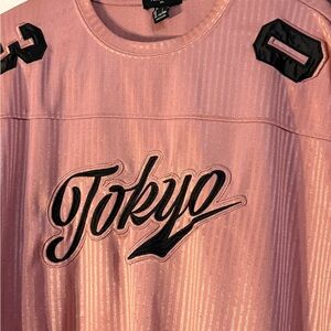 Forever 21 Pink Shimmery 'Tokyo' Graphic Top with Black Appliqué